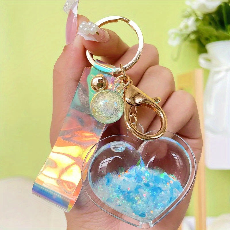 Acrylic Heart-Shaped Keychain with Quicksand Glitter, Trendy Fashion Bag Accessory, Exquisite Cute Keyring with Love Theme
